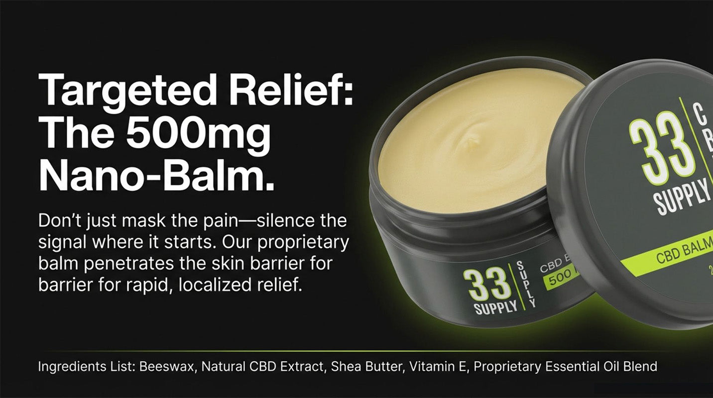 CBD nano balm container shown with text explaining targeted pain relief through improved absorption
